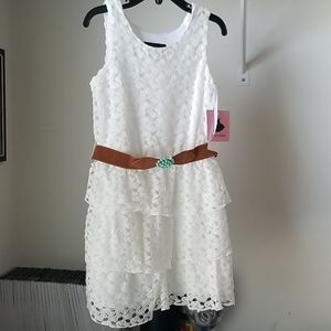 Girls white lace belted dress